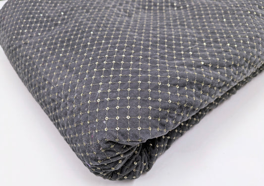 Gray & Gold embroidered velvet fabric, Stretch fabric, Haute couture, Embroidery design, Luxury fabric, Bridesmaid dress - VLTF02