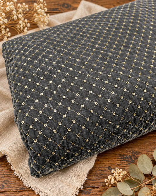 Gray & Gold embroidered velvet fabric, Stretch fabric, Haute couture, Embroidery design, Luxury fabric, Bridesmaid dress - VLTF02
