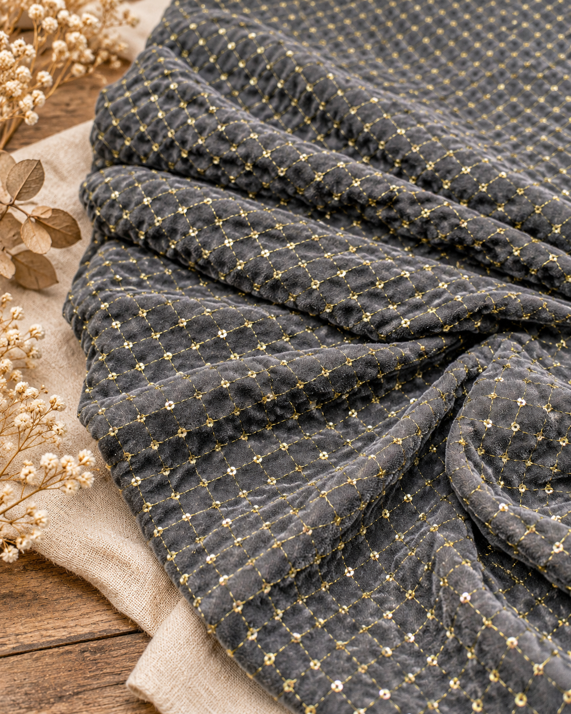 Gray & Gold embroidered velvet fabric, Stretch fabric, Haute couture, Embroidery design, Luxury fabric, Bridesmaid dress - VLTF02