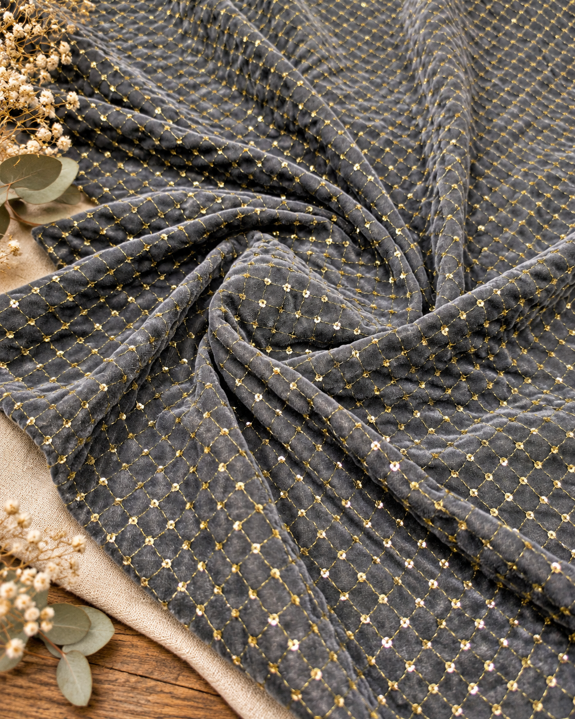 Gray & Gold embroidered velvet fabric, Stretch fabric, Haute couture, Embroidery design, Luxury fabric, Bridesmaid dress - VLTF02