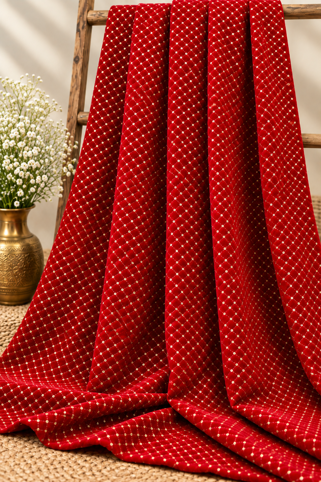 Embroidered Velvet fabric Red Gold Embroidery stretchable fabric Party Dress Haute couture Luxury Bridal dress Fabric