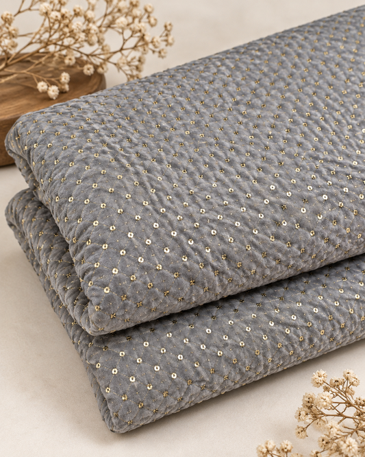 Gray & Gold embroidered velvet fabric, Stretch fabric, Haute couture, Embroidery design, Luxury fabric, Bridesmaid dress - VLTF23