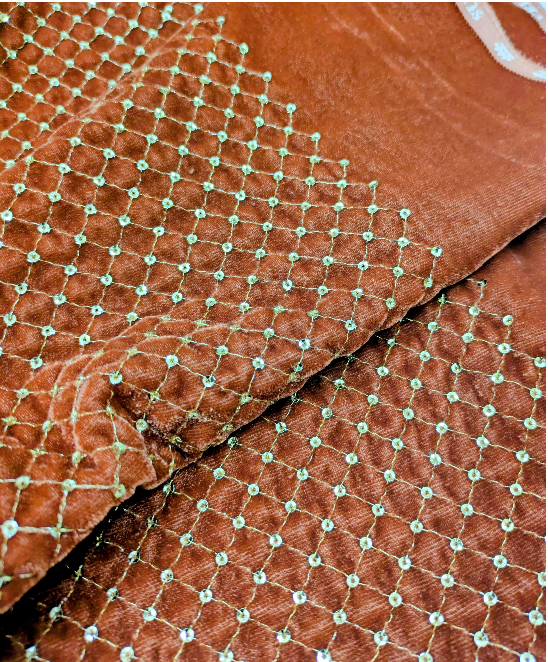 Rust & Gold embroidered velvet fabric, Stretch fabric, Haute couture, Embroidery design, Luxury fabric, Bridesmaid dress - VLTF24