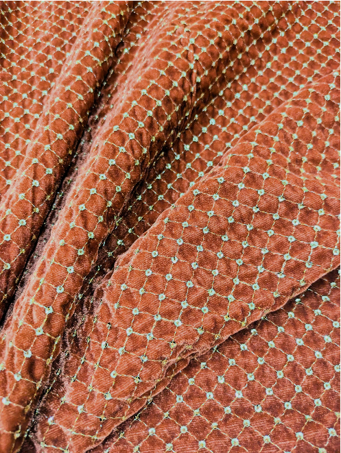 Rust & Gold embroidered velvet fabric, Stretch fabric, Haute couture, Embroidery design, Luxury fabric, Bridesmaid dress - VLTF24