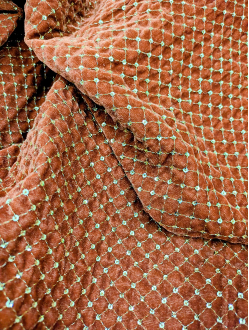 Rust & Gold embroidered velvet fabric, Stretch fabric, Haute couture, Embroidery design, Luxury fabric, Bridesmaid dress - VLTF24