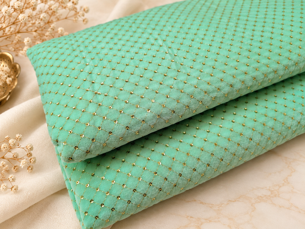 Mint green embroidered velvet fabric, Stretch fabric, Haute couture, Embroidery design, Luxury fabric, Bridesmaid dress - VLTF906