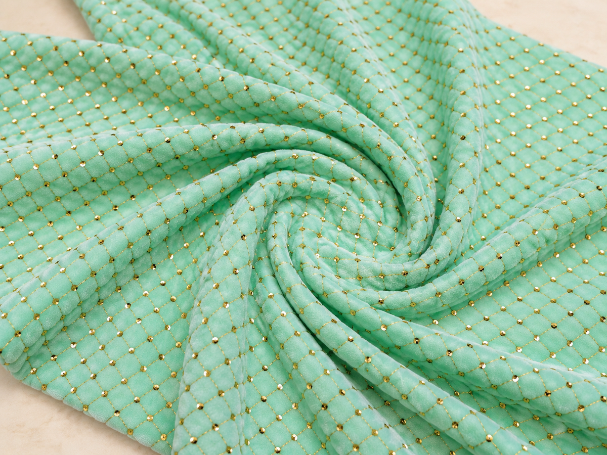 Mint green embroidered velvet fabric, Stretch fabric, Haute couture, Embroidery design, Luxury fabric, Bridesmaid dress - VLTF906