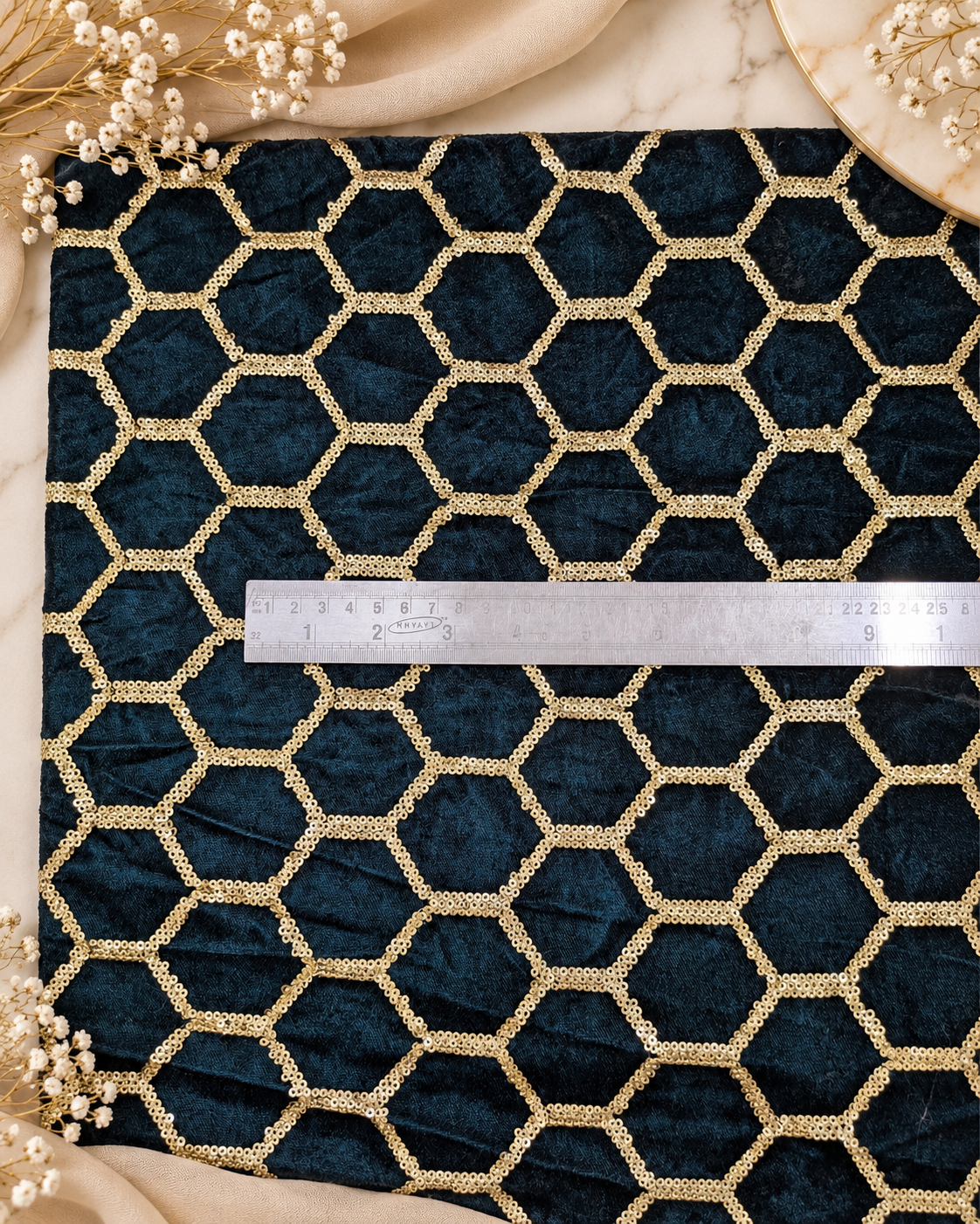 Embroidered Velvet fabric, Peacock Green and Gold Embroidery stretchable fabric, Party Dress Haute couture Luxury fabric, Bridal fabric- VLTF921