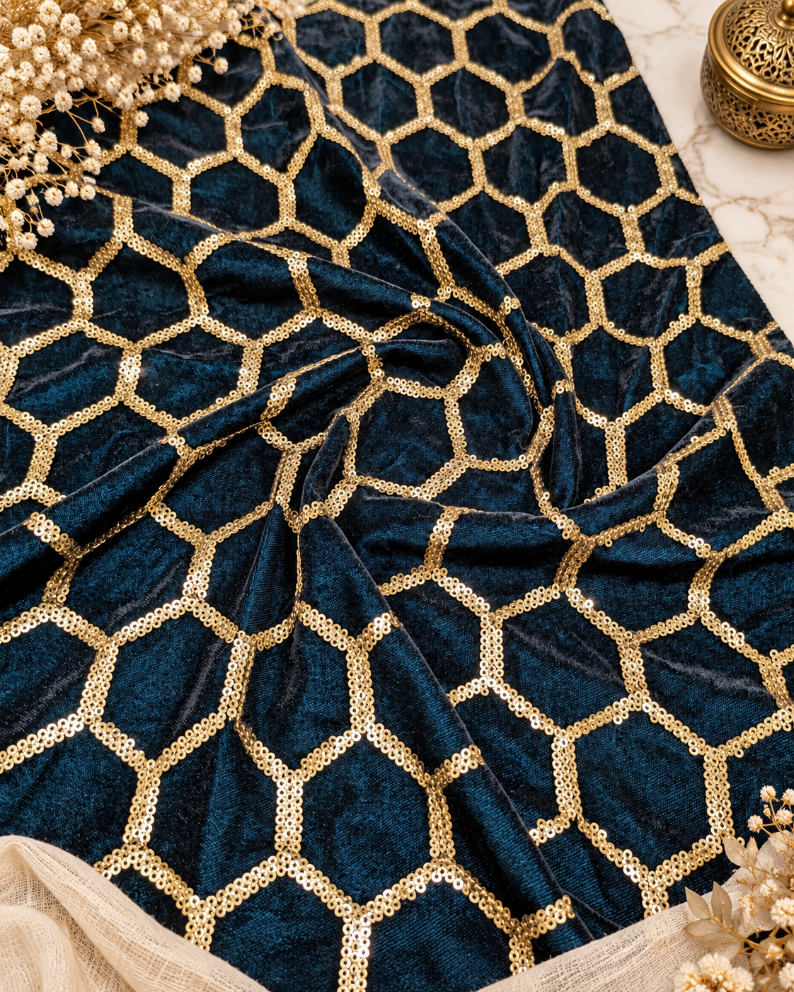 Embroidered Velvet fabric, Peacock Green and Gold Embroidery stretchable fabric, Party Dress Haute couture Luxury fabric, Bridal fabric- VLTF921