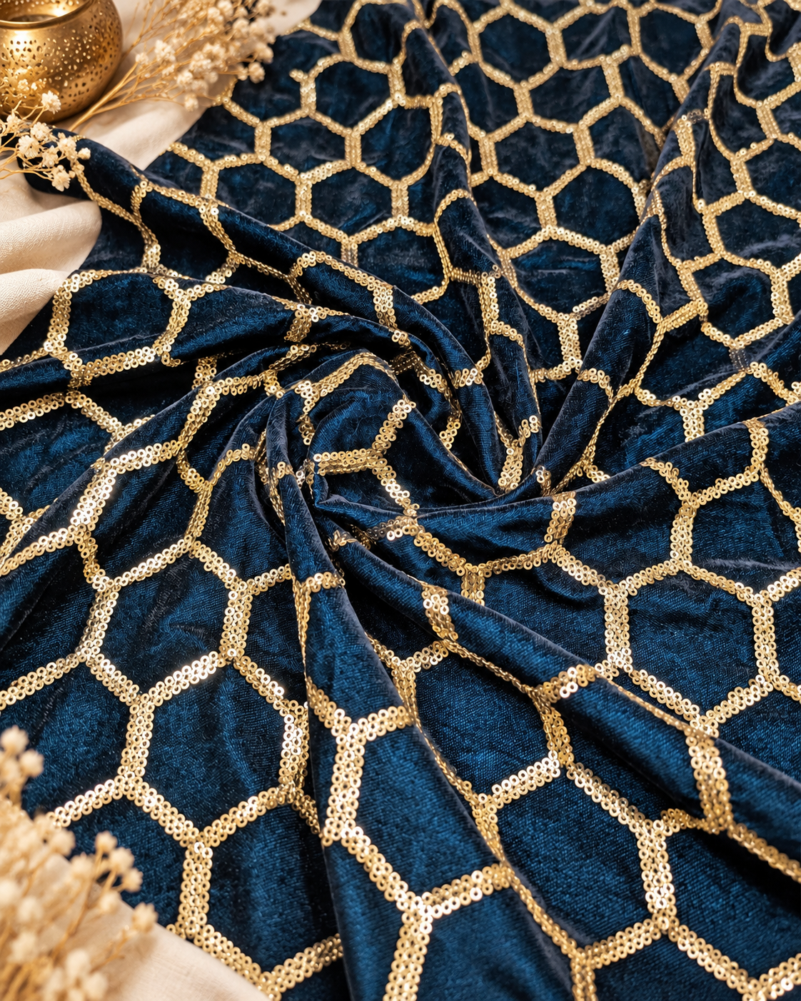 Embroidered Velvet fabric, Peacock Green and Gold Embroidery stretchable fabric, Party Dress Haute couture Luxury fabric, Bridal fabric- VLTF921