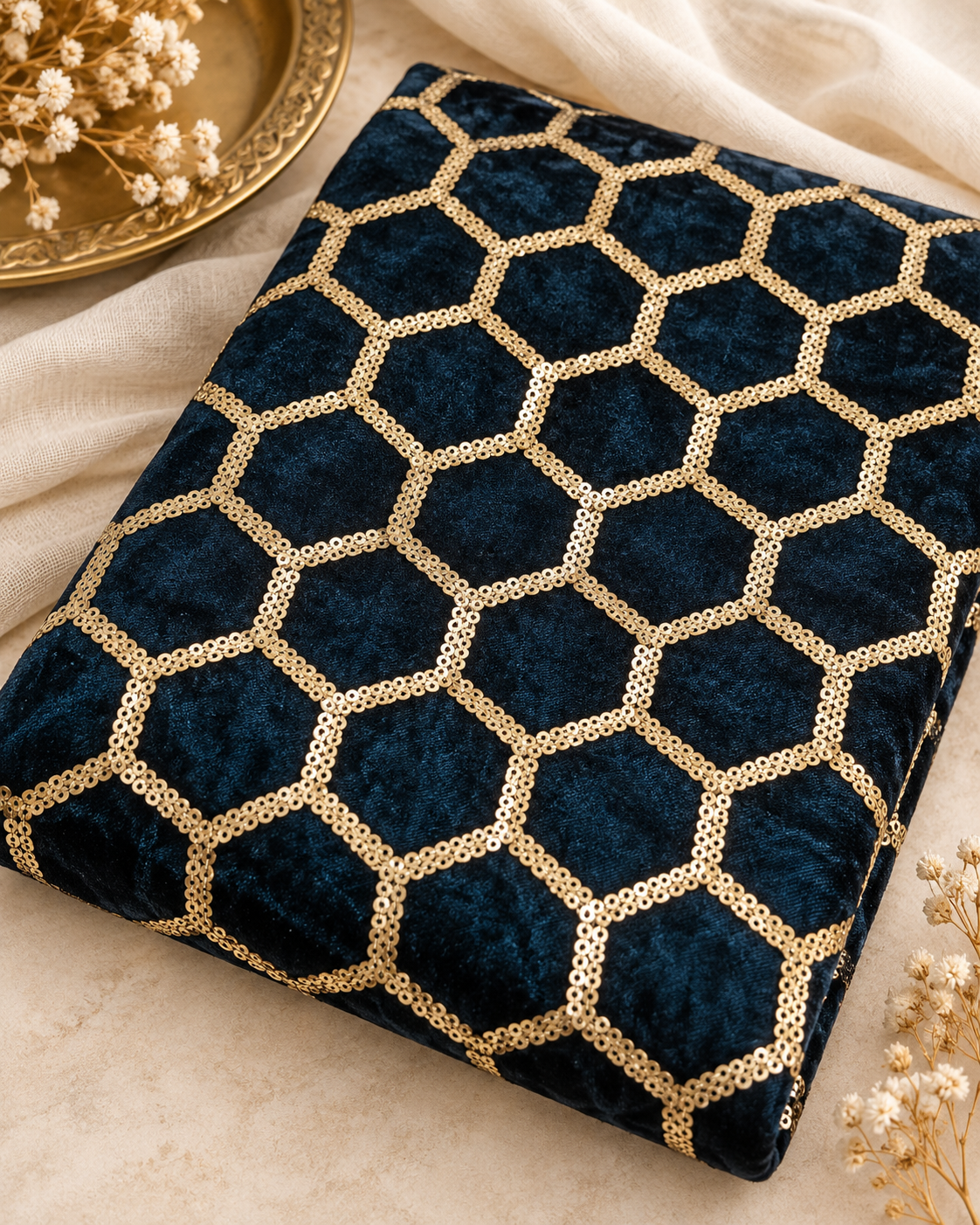 Embroidered Velvet fabric, Peacock Green and Gold Embroidery stretchable fabric, Party Dress Haute couture Luxury fabric, Bridal fabric- VLTF921