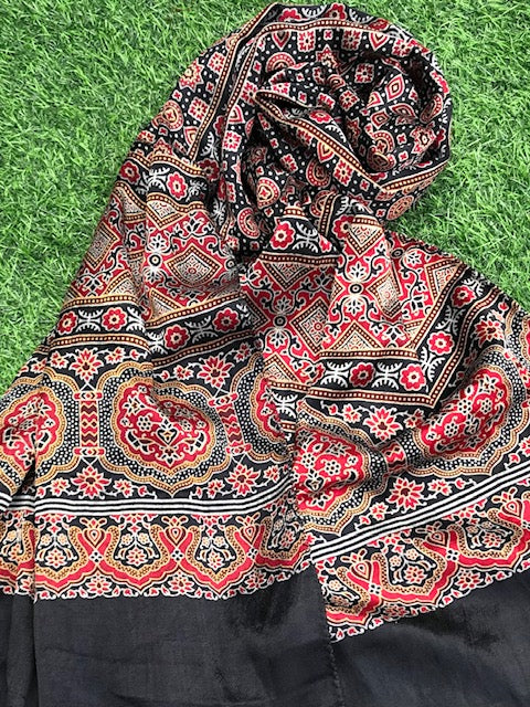 Ajrakh modal satin fabric Indian Stole for Women, Dupatta , Scarf, Shawl, abaya, Embroidered Indian Chunni, DP001