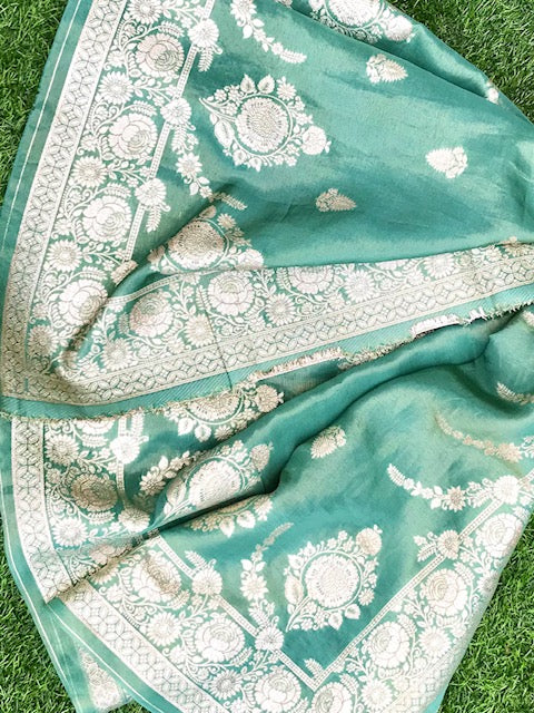 Sage Green and Silver Gold Brocade Dupatta for Women, Stole, Scarf, shawl, abaya, Chuniri, Indian Chunni, Banarasi Dupatta, DP004