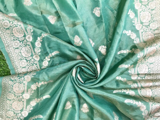 Sage Green and Silver Gold Brocade Dupatta for Women, Stole, Scarf, shawl, abaya, Chuniri, Indian Chunni, Banarasi Dupatta, DP004