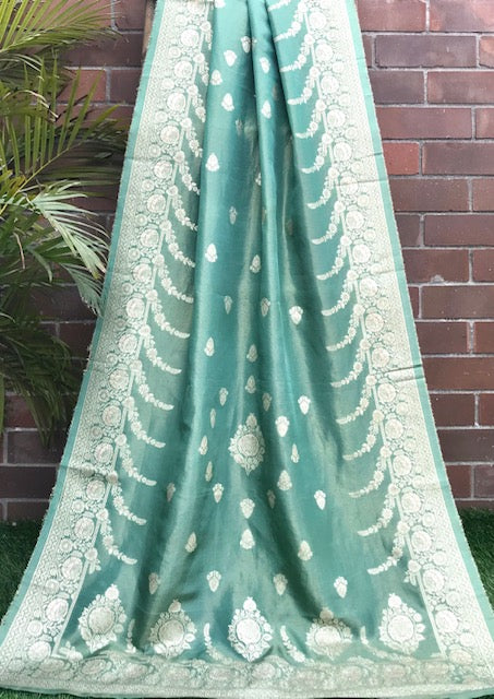 Sage Green and Silver Gold Brocade Dupatta for Women, Stole, Scarf, shawl, abaya, Chuniri, Indian Chunni, Banarasi Dupatta, DP004