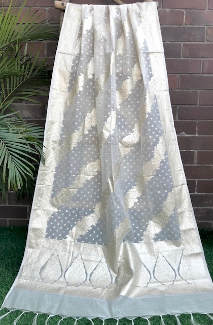 White Chanderi Cotton Silk Brocade Dupatta for Women, Stole, Scarf, shawl, abaya, Chuniri, Indian Chunni, Banarasi Dupatta, DP005