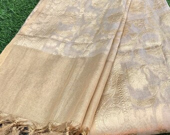 Beige and Gold Chanderi Cotton Silk Brocade Dupatta for Women, Stole, Scarf, shawl, abaya, Chuniri, Indian Chunni, Banarasi Dupatta, DP006