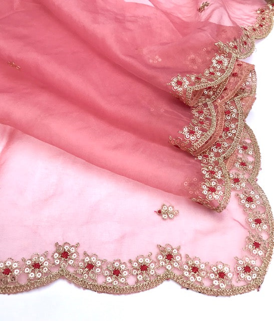 Salmon Pink Organza Dupatta for Women with Gold Embroidered Border, Stole, Scarf, shawl, abaya, Chuniri, Embroidered Indian Chunni, DP009