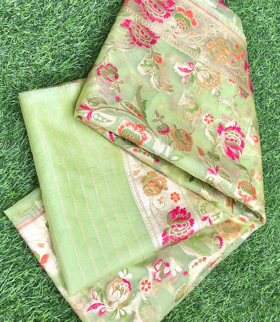 Green Organza With Banarasi Border Dupatta for Women, Stole, Scarf, Shawl, Abaya, Chunari, Occasion Wear, Veil, Indian Fashion, Chunni,DP010