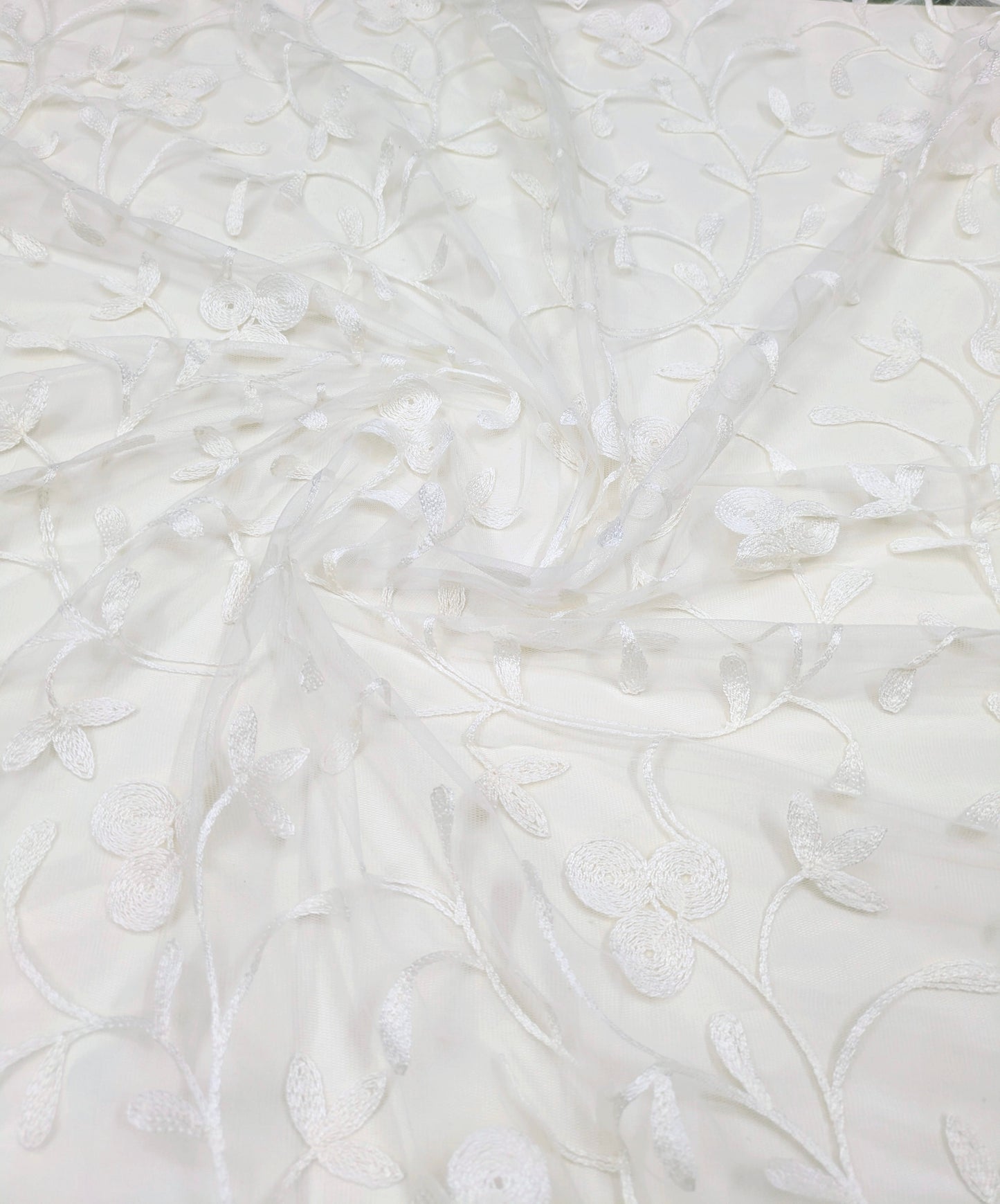 White Embroidered Stole/ dupatta, Tulle, Net Fabric, Embroidered Bridal Wedding Fabric, Saree Drape, Veil, Abaya, Mesh Fabric DP003