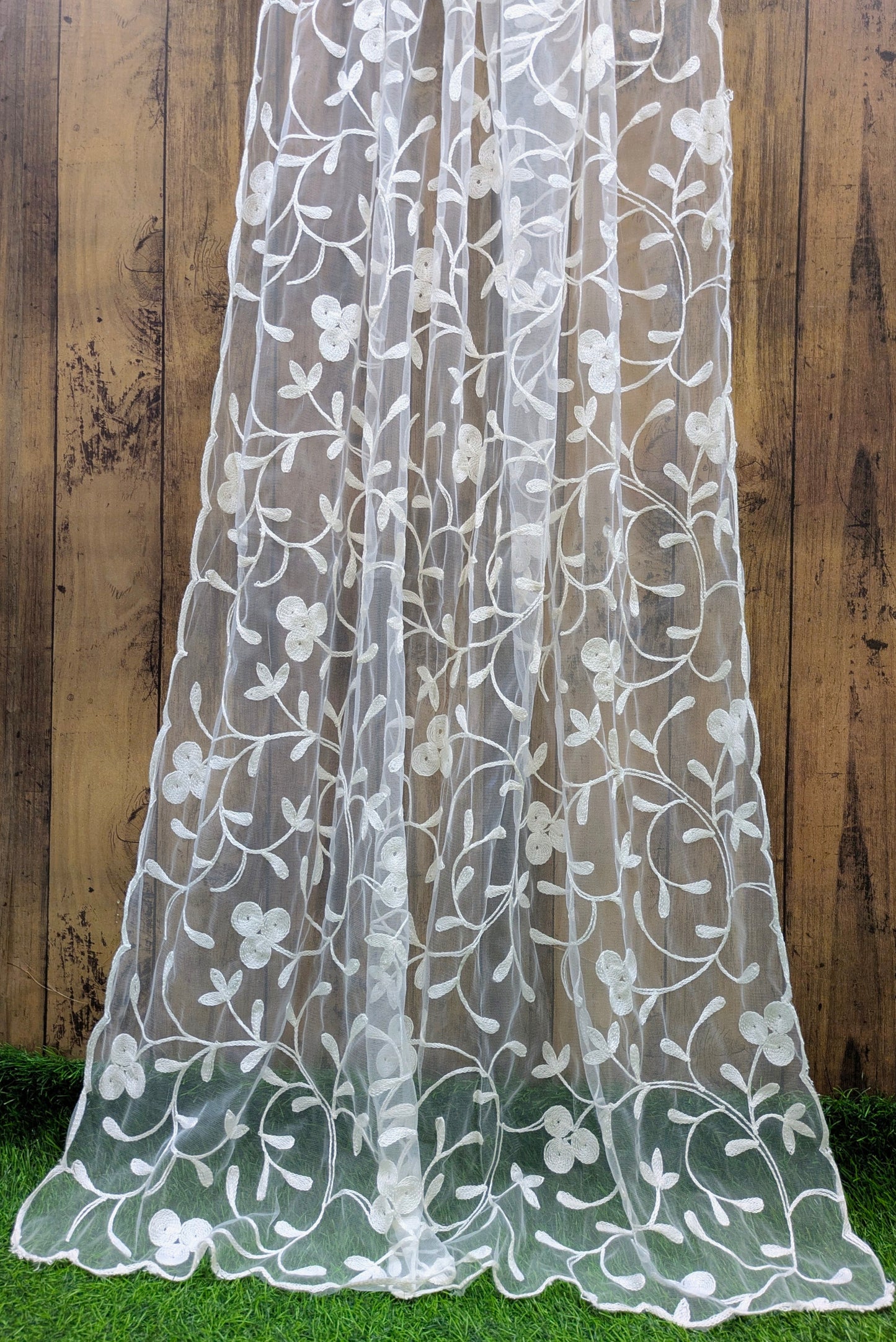 White Embroidered Stole/ dupatta, Tulle, Net Fabric, Embroidered Bridal Wedding Fabric, Saree Drape, Veil, Abaya, Mesh Fabric DP003