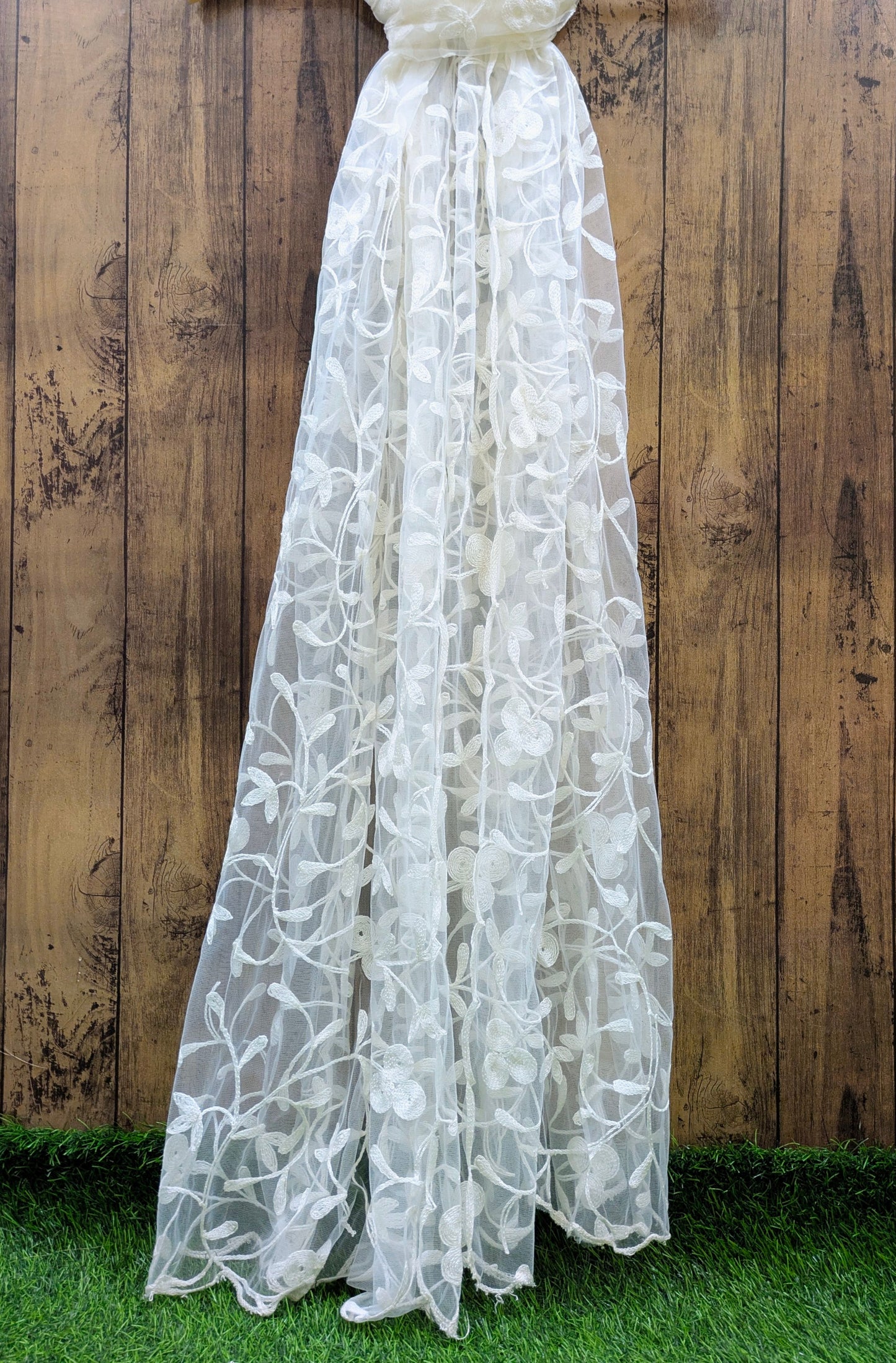 White Embroidered Stole/ dupatta, Tulle, Net Fabric, Embroidered Bridal Wedding Fabric, Saree Drape, Veil, Abaya, Mesh Fabric DP003