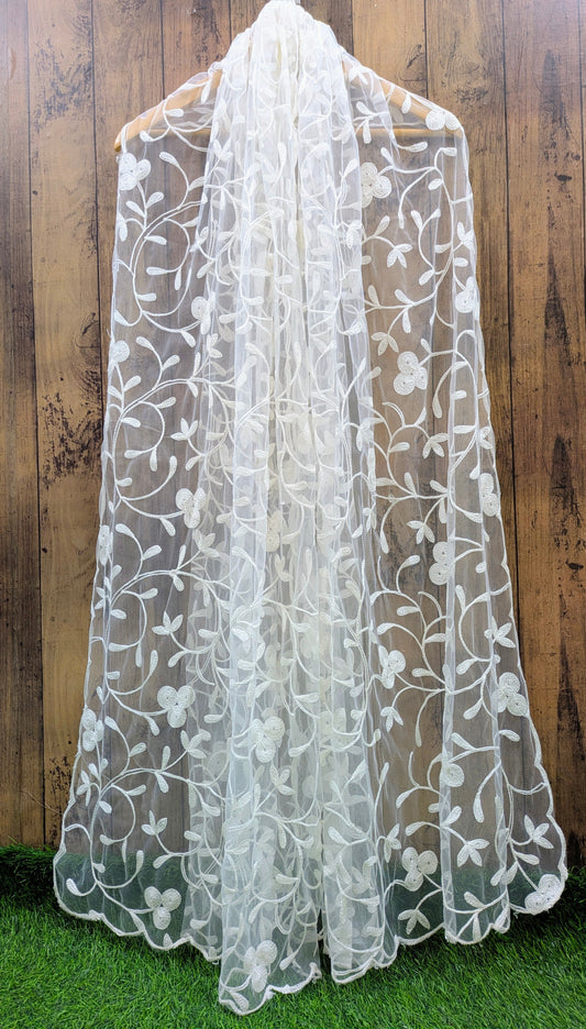 White Embroidered Stole/ dupatta, Tulle, Net Fabric, Embroidered Bridal Wedding Fabric, Saree Drape, Veil, Abaya, Mesh Fabric DP003