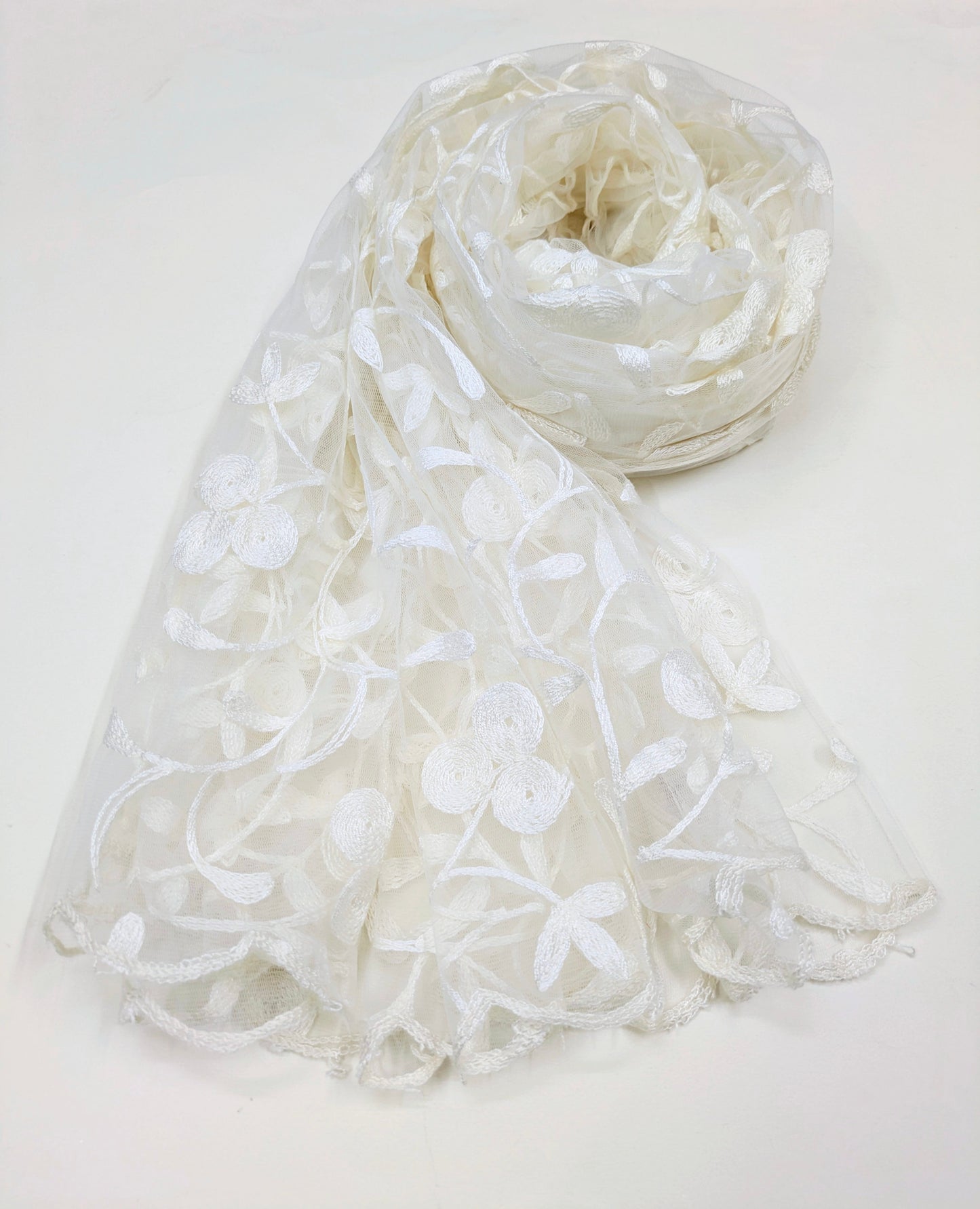 White Embroidered Stole/ dupatta, Tulle, Net Fabric, Embroidered Bridal Wedding Fabric, Saree Drape, Veil, Abaya, Mesh Fabric DP003