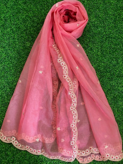 Salmon Pink Organza Dupatta for Women with Gold Embroidered Border, Stole, Scarf, shawl, abaya, Chuniri, Embroidered Indian Chunni, DP009