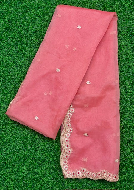 Salmon Pink Organza Dupatta for Women with Gold Embroidered Border, Stole, Scarf, shawl, abaya, Chuniri, Embroidered Indian Chunni, DP009