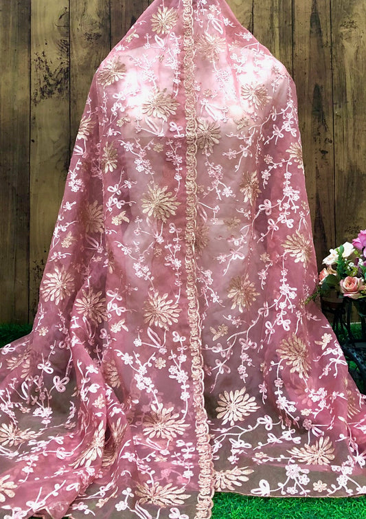 Salmon Organza Dupatta for Women with thread Embroidery, Indian Stole, Scarf, shawl, abaya, Chuniri, Embroidered Indian Chunni, DP1022