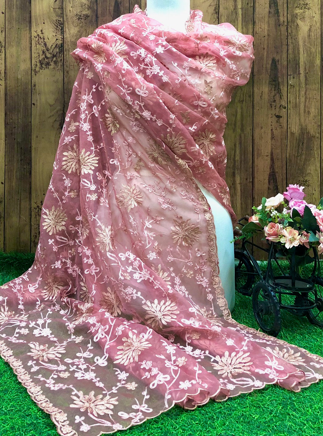 Salmon Organza Dupatta for Women with thread Embroidery, Indian Stole, Scarf, shawl, abaya, Chuniri, Embroidered Indian Chunni, DP1022