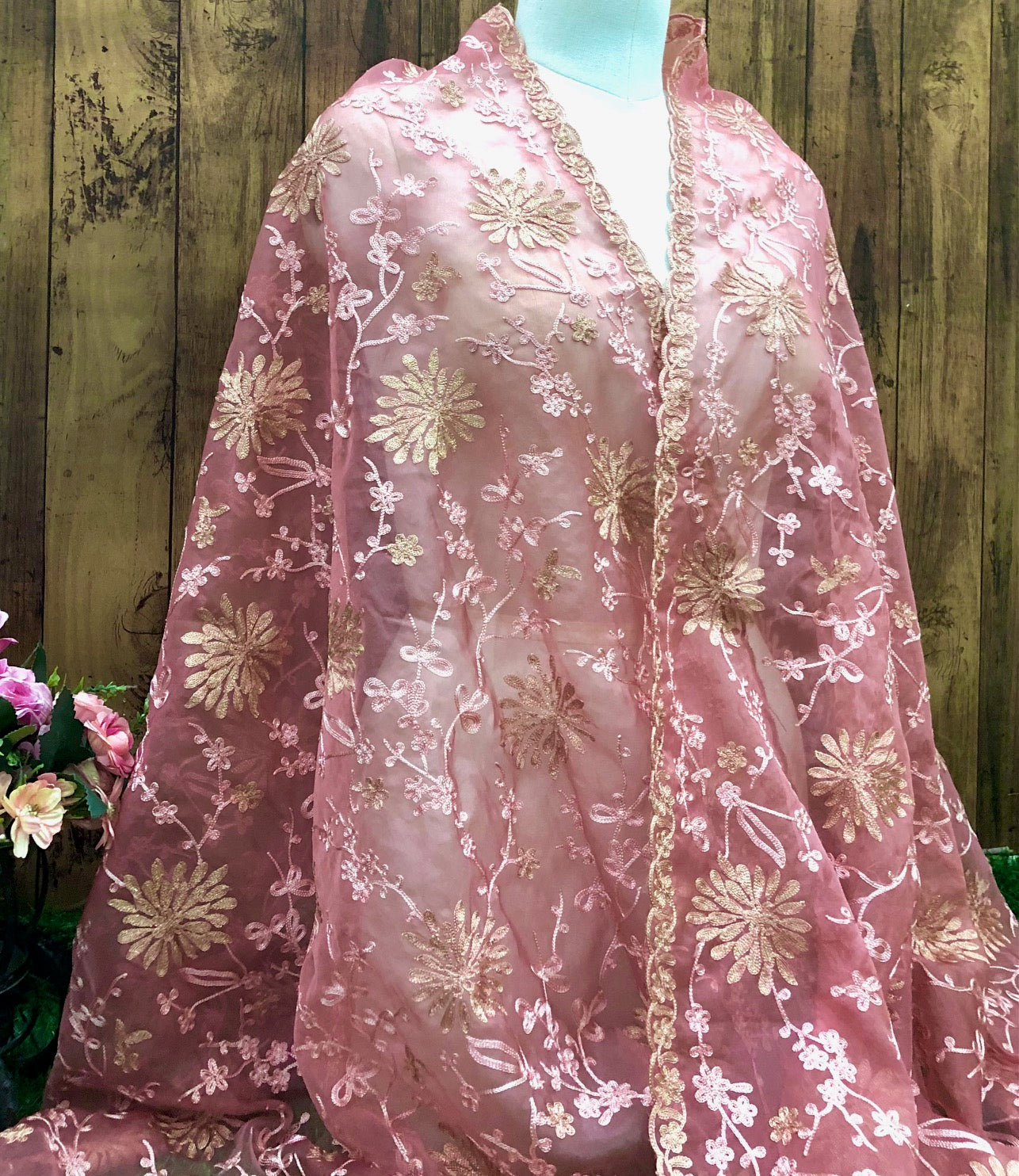Salmon Organza Dupatta for Women with thread Embroidery, Indian Stole, Scarf, shawl, abaya, Chuniri, Embroidered Indian Chunni, DP1022