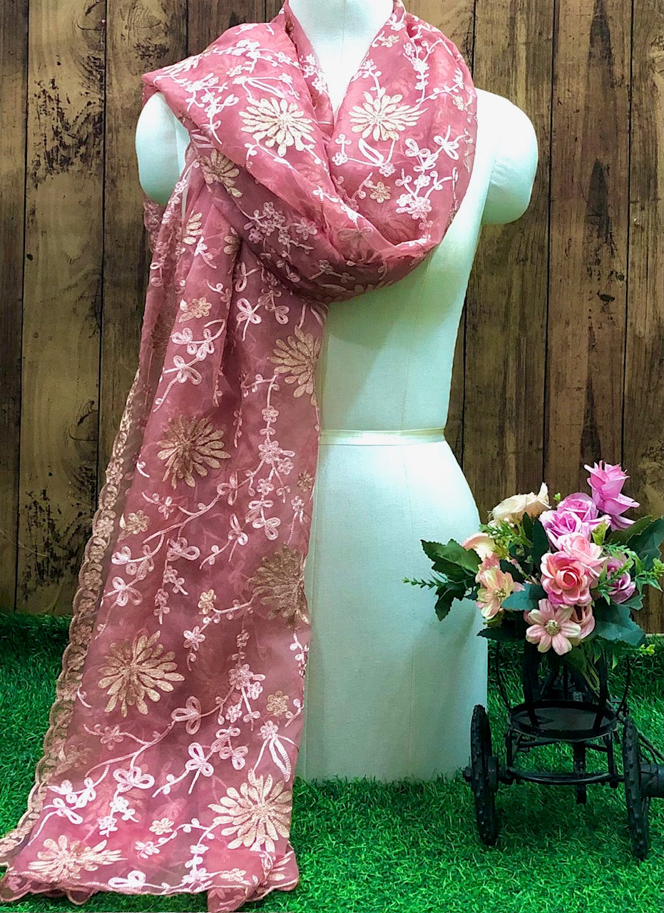 Salmon Organza Dupatta for Women with thread Embroidery, Indian Stole, Scarf, shawl, abaya, Chuniri, Embroidered Indian Chunni, DP1022
