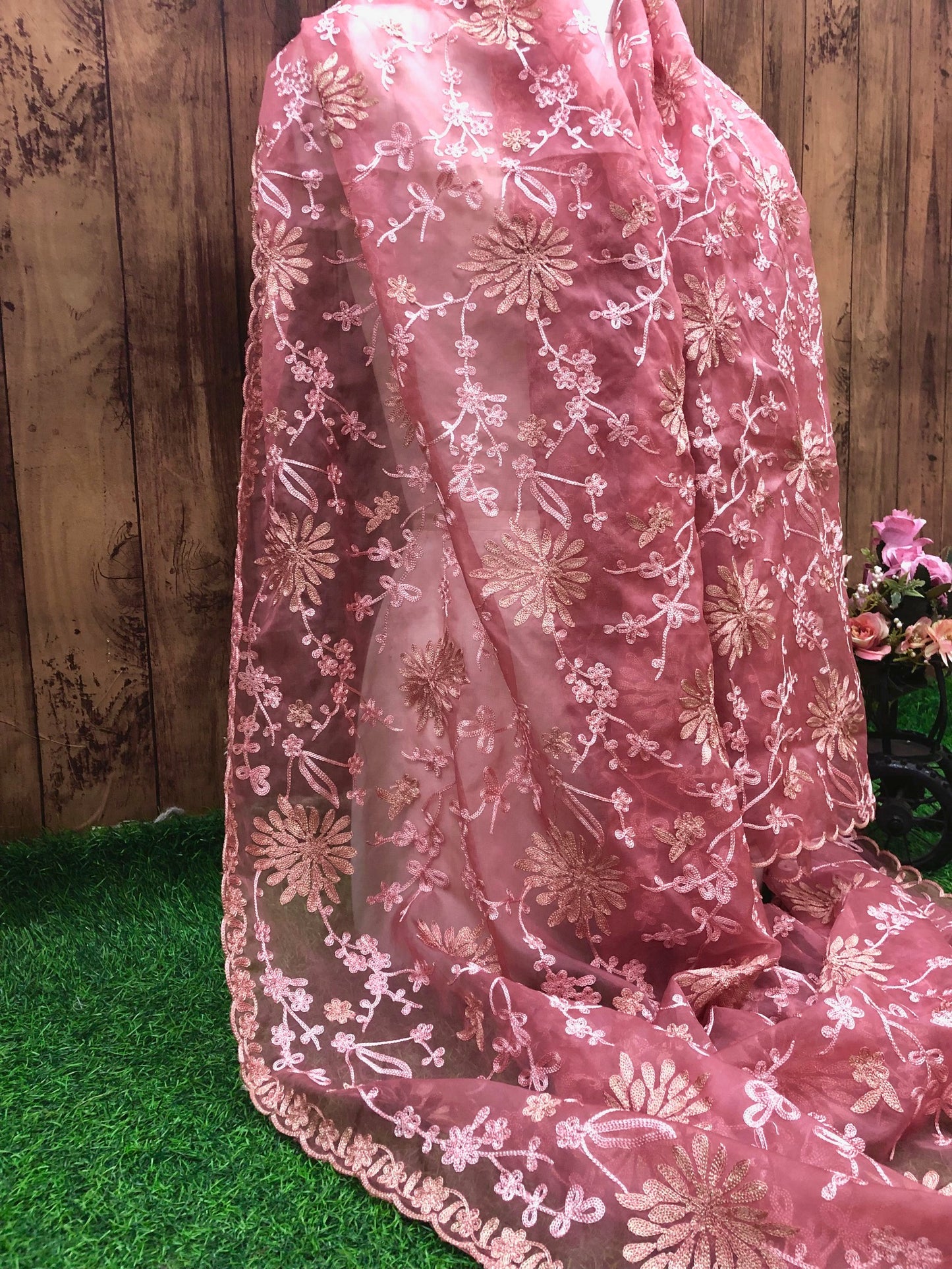 Salmon Organza Dupatta for Women with thread Embroidery, Indian Stole, Scarf, shawl, abaya, Chuniri, Embroidered Indian Chunni, DP1022