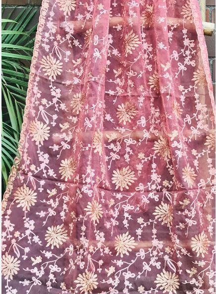 Salmon Organza Dupatta for Women with thread Embroidery, Indian Stole, Scarf, shawl, abaya, Chuniri, Embroidered Indian Chunni, DP1022