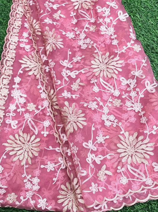 Salmon Organza Dupatta for Women with thread Embroidery, Indian Stole, Scarf, shawl, abaya, Chuniri, Embroidered Indian Chunni, DP1022