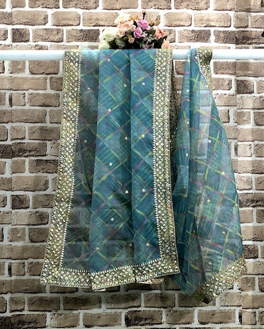 Green Embroidered Organza Dupatta for Women with Embroidered border, Stole, Scarf, shawl, abaya, Chuniri, Embroidered Indian Chunni, DP1023