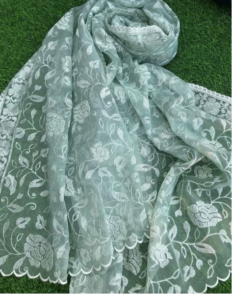 Sage Green Indian Organza Dupatta for Women with Sequins Embroidery, Stole, Scarf, shawl, abaya, Chuniri, Embroidered Indian Chunni, DP1025