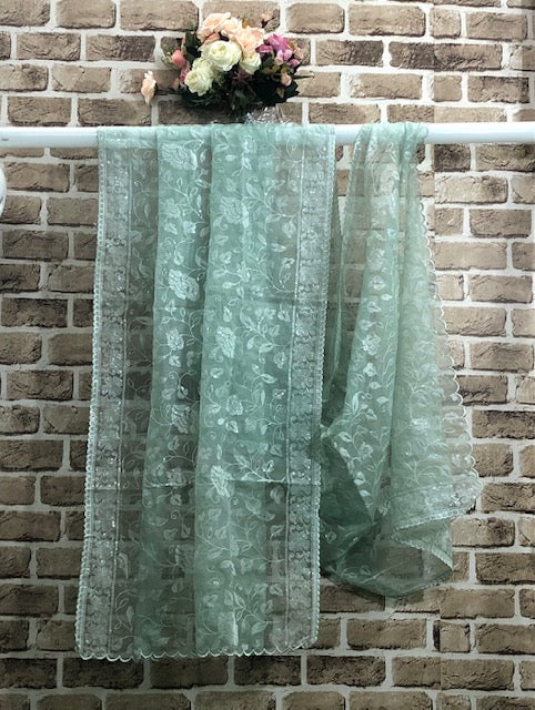 Sage Green Indian Organza Dupatta for Women with Sequins Embroidery, Stole, Scarf, shawl, abaya, Chuniri, Embroidered Indian Chunni, DP1025