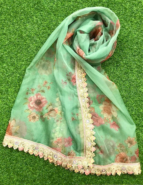 Green Printed Organza Dupatta for Women with Embroidered border, Stole, Scarf, shawl, abaya, Chuniri, Embroidered Indian Chunni, DP1032