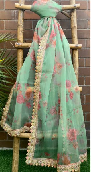 Green Printed Organza Dupatta for Women with Embroidered border, Stole, Scarf, shawl, abaya, Chuniri, Embroidered Indian Chunni, DP1032