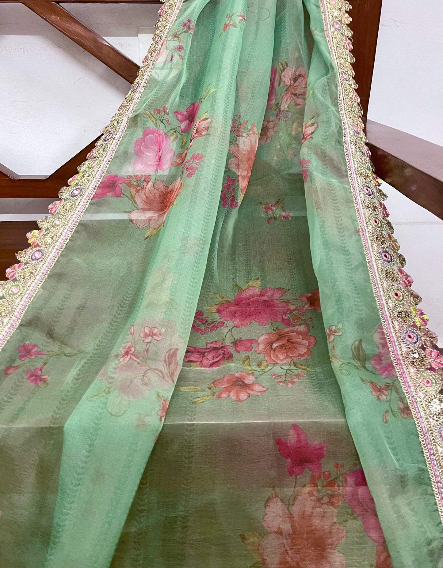 Green Printed Organza Dupatta for Women with Embroidered border, Stole, Scarf, shawl, abaya, Chuniri, Embroidered Indian Chunni, DP1032