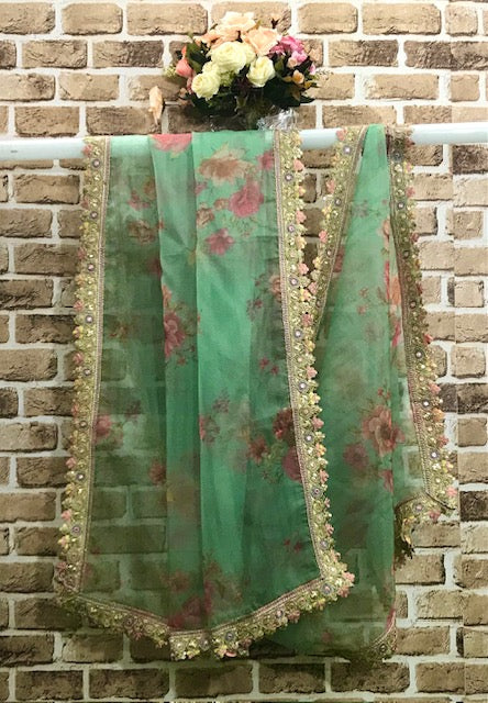 Green Printed Organza Dupatta for Women with Embroidered border, Stole, Scarf, shawl, abaya, Chuniri, Embroidered Indian Chunni, DP1032