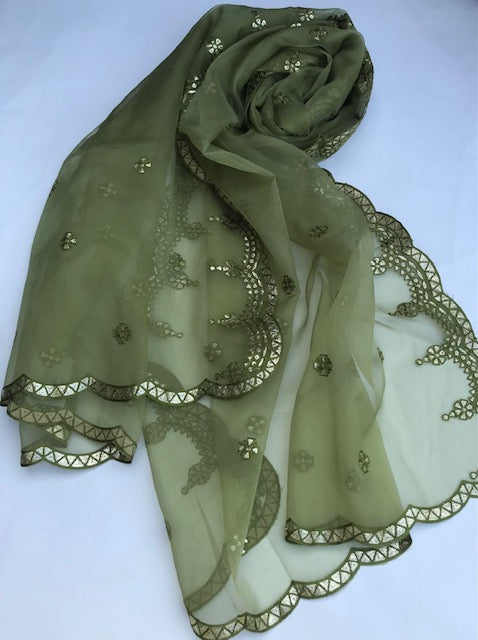 Olive Green Embroidered Dupatta for Women, Indian Stole, Scarf, shawl, Abaya, Chunari, Occasion Wear, Veil, Indian Fashion, Chunni, DP1043