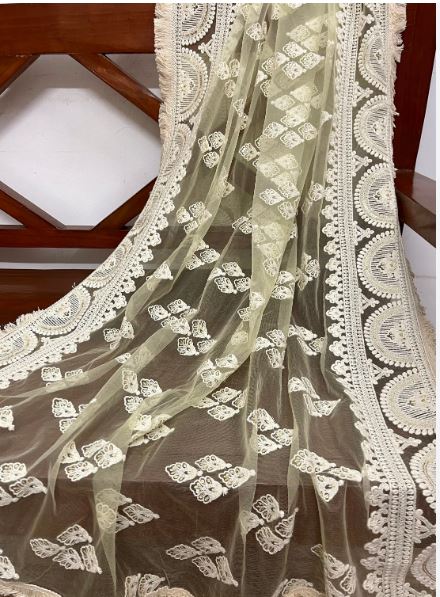 Lime Green Embroidered Net Dupatta, Indian Stole, Indian Chikankari Embroidered Scarf, Bridal Fabric, Abaya, Wedding Fabric DP1049