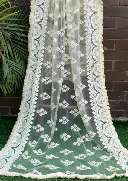 Lime Green Embroidered Net Dupatta, Indian Stole, Indian Chikankari Embroidered Scarf, Bridal Fabric, Abaya, Wedding Fabric DP1049