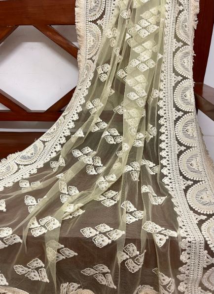 Lime Green Embroidered Net Dupatta, Indian Stole, Indian Chikankari Embroidered Scarf, Bridal Fabric, Abaya, Wedding Fabric DP1049