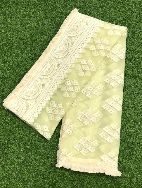 Lime Green Embroidered Net Dupatta, Indian Stole, Indian Chikankari Embroidered Scarf, Bridal Fabric, Abaya, Wedding Fabric DP1049