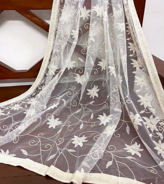 Off White Embroidered Stole/ dupatta, Sequins Net, Tulle Mesh Fabric, Embroidered Fabric, Bridal Fabric, Wedding Dupatta DP1050